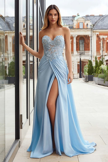 Sky Blue A Line Appliqued Strapless Prom Dress with Slit
